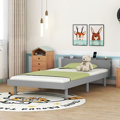#ad Modern Design Twin Size Platform Bed Frame with Built in USB port for Grey Color $233.30