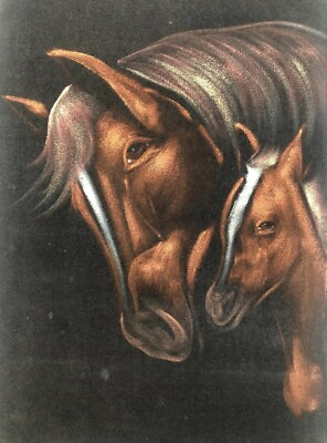 #ad Brown Horses Baby And Momma Old vintage black velvet oil painting art Foal Colt $65.00