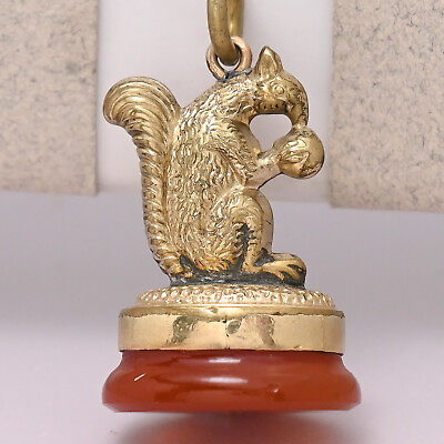 #ad Antique Victorian Squirrel Eating Acorn Carnelian Gold Filled Fob Charm Pendant $265.00