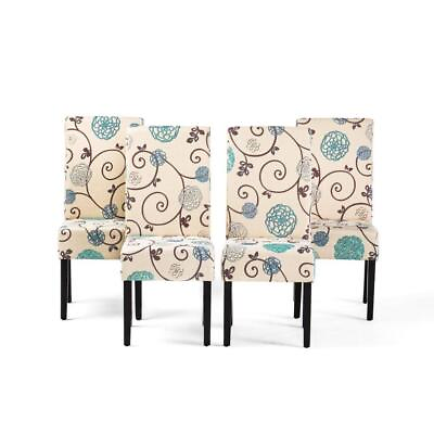 #ad Light Beige Blue Floral Fabric Upholstered Solid High Back Dining Chair Set of 4 $285.72