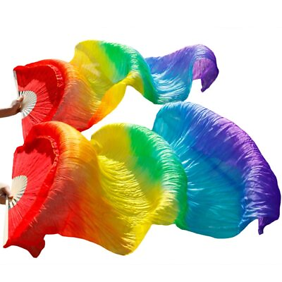 #ad Belly Dance Silk Fan Long Silk Fans Handmade Gradient Color Dance Fans $22.36