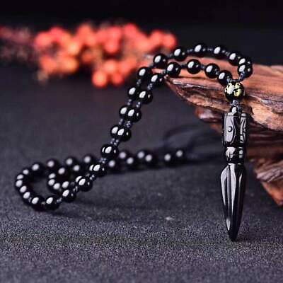 #ad Natural Black Obsidian Crystal Quartz Carved Vajra Dorje Phurpa Dagger Pendant $15.99