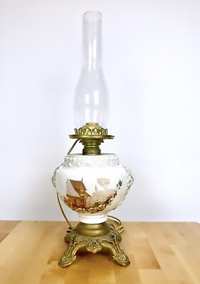 #ad Large Vintage Milk Glass Oil Lamp Style Electric Lamp with Glass Cover Hurricane $100.00