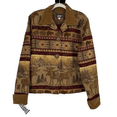 #ad Silverado Tapestry Western Jacket Size L Mountains Bear Moose Brown NWT Novelty $59.99