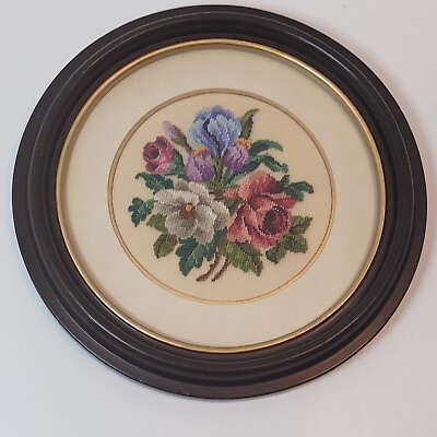 #ad Vtg Victorian Style Petitpoint Flower Picture Roses Round Wood Frame Cottage 10quot; $47.95