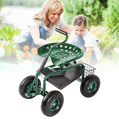 #ad Garden Cart Rolling Work Seat Gardening Planting W Tool Tray Basket Heavy Duty $99.99