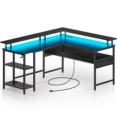 #ad Computer Desk L Shaped 59.4quot; with LED Lights and Power Outlets Reversible L ... $178.43