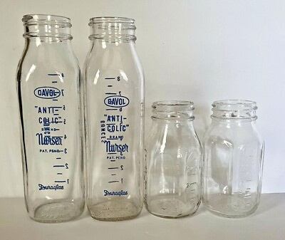 #ad Vintage Davol by Duraglas and Evenflo Nurser Glass Baby Bottles Lot of Four $19.99