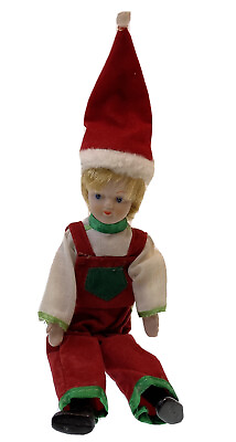 #ad American Christmas Pixie Doll Porcelain Small Red Green Santa Hat 8” Poseable $14.93