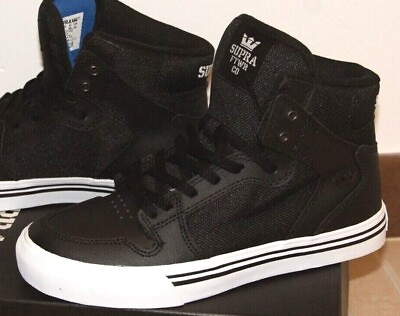 #ad SUPRA Kids Vaider Black White Blue Leather High Top Skate Shoes Boys Sneakers $35.00