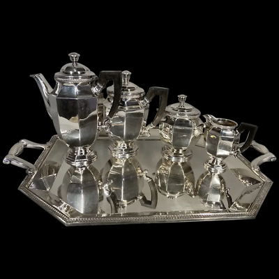 #ad Antique Christofle Silver Plated Tea Set 19th Century Rarity 5 Pieces with Tray $2800.00