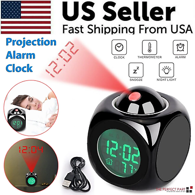 #ad LED Projection Alarm Clock Digital LCD Display Voice Talking Weather Snooze USB $16.57