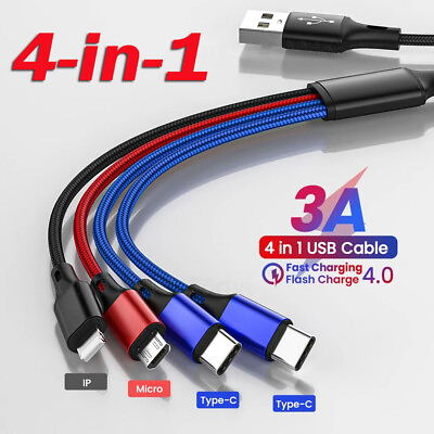 #ad 4 in 1 3A USB Cable Fast Charging Type CMicroiOS Cell Phone Cable Universal $8.99