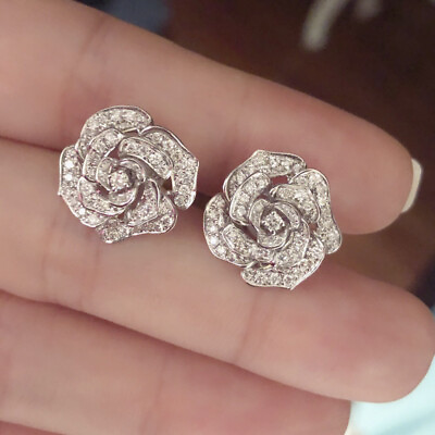 #ad Rose Women Jewelry Romantic 925 Silver Stud Earring Cubic Zircon Jewelry C $3.39