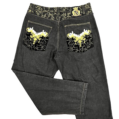 #ad Crown Holder Jeans Men 38x33 Gold Embroidered Velvet Trimmed Pockets Street Rock $59.95