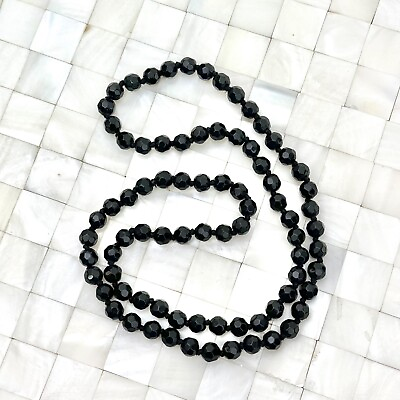 #ad Black Glass Knotted Between Beaded Over The Head Necklace Vintage Strand #3302 $11.24