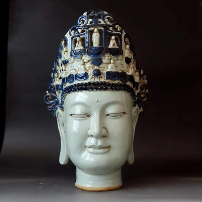 #ad 22.8quot; china old antique yuan dynasty blue white porcelain buddha head statue $1244.99