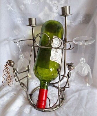 #ad Vtg Table Top Metal Figurine Wine Bottle 2 Glasses 2 Candle Holder Rack Caddy C $75.63