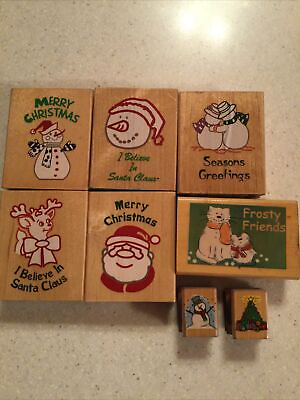 #ad 8 Piece Lot Wooden Mounted Rubber Stamps Christmas Theme Card Making Large Small $3.97