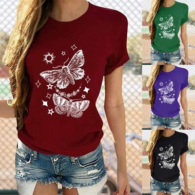 #ad Women Tops Butterfly Printed T Shirt Ladies Basic Beach Short Sleeve Tee $13.89