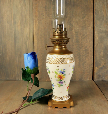 #ad Antique French Porcelain Table Oil Lamp Hand Painted Flowers Gilt Bronze $209.00