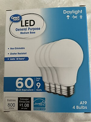 #ad Great Value LED Light Bulb 9W 60W Equivalent A19 General Purpose Lamp E26 Med $12.95