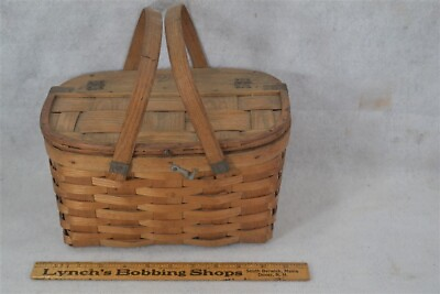 #ad basket antique hand made lunch splint hinge lid handle rectangle early original $49.00