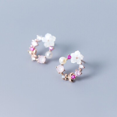 #ad Circle Flower Pearl Dainty Elegant Women Stud Earrings in Sterling Silver Gifts $10.90