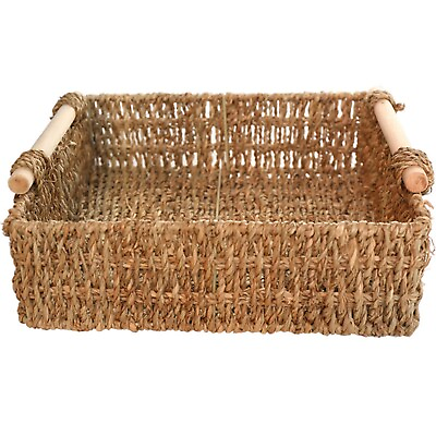 #ad TWO Hand Woven Storage Baskets with Wooden Handle Rectangular Seagrass Baskets $21.95