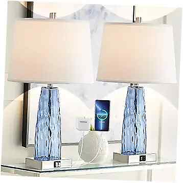 #ad Glass Table Lamps Set of 2 22quot; Modern Table Lamp with USB amp; Type C Glass Blue $119.47