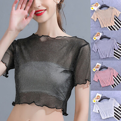 #ad T Shirt Crop Tops Tunic Tees Shirt See Through Lace Mesh Summer Women $4.55
