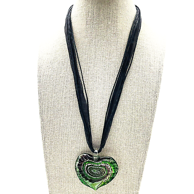 #ad Dichroic Glass Heart Charm Necklace Tulle Cord Silver Tone Green Black Swirl $12.99