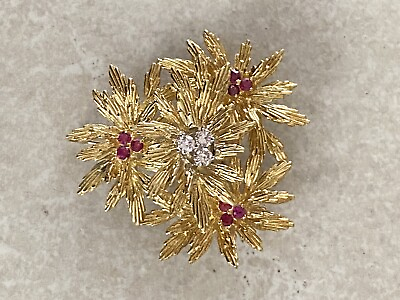#ad Tiffany amp; Co. Brooch Pin Flower Floral Ruby Diamond 18k Yellow Gold Vintage $3500.00