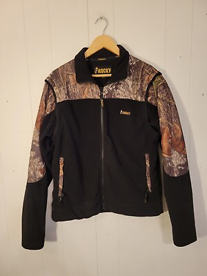 #ad Rocky Mens M Camo Fleece Jacket Vest Full Zip Convertible Black Hunting Outdoor $17.99