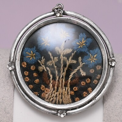#ad Antique Victorian Hand Stitched Forget Me Not Flower Silver 2quot; LARGE Pendant $265.00