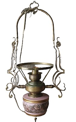#ad Brass Hanging CHANDELEIR Oil LAMP Electrified Milk Glass Shade ANTIQUE 1800#x27;S $179.79