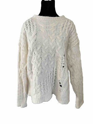 #ad Free People S Alpaca Wool Sweater Cream Cable Knit Fisherman Distressed Oversize $59.99