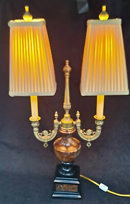 #ad French Empire Napoleonic Bouillotte Lamp Brass and Burled Marble w Custom Shades $345.95