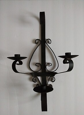 #ad Gothic Black Wrought Iron Candle Wall Sconce Triple Holder Large 20quot; Scrolled $28.99