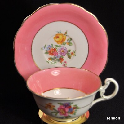 #ad E Brain Foley Footed Cup Saucer Floral Sprays Bold Pink Bands Gold 1930 1936 HTF $57.98