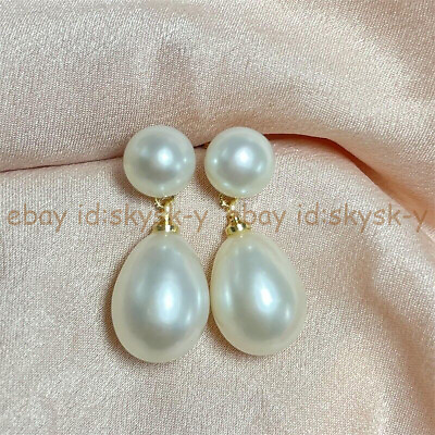 #ad 11 12mm Genuine Natural South Sea White Drop Double Pearl Dangle Stud Earrings $10.57
