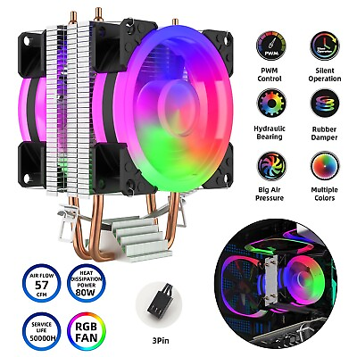 #ad CPU Air Cooler RGB w 2 Heat Pipes 120mm Fan For AMD Intel 1700 1366 1156 1356 $26.99