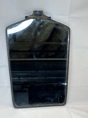 #ad VTG Antique Art Deco Nouveau Brass Framed Blue Enamel Wall Mirror w Chain 15x10 $249.99