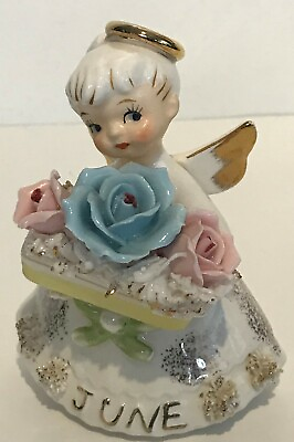 #ad Vintage June birthday Doll Figurine Little Girl Angel with Flowers Mid Century C $35.00