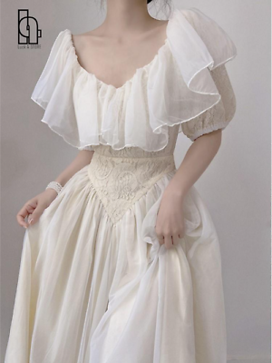 #ad Summer Romantic Fairy Dress Woman Lace Puff Sleeve Ruffles V Neck Soft Princess $49.14