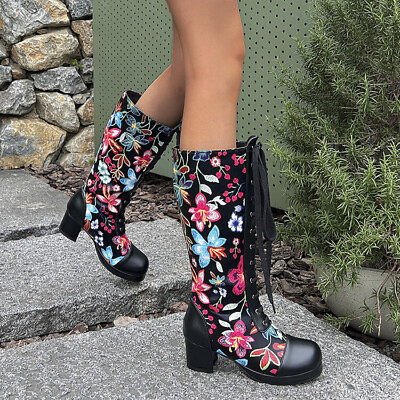 #ad Fashion Printing Riding Boots Women#x27;s Chunky Heels Lace Up Mid Calf Boots Biker $78.63