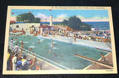 #ad Pacific Grove CA Municipal Swimming Pool Linen Postcard 1940s $2.50