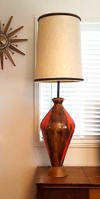 #ad Vtg Mid Century Modern XL Ceramic Floor Table Lamp Orange Drip Glaze $345.00
