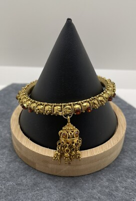 #ad Textured Gold Tone Indian Style Rhinestone w Dangle Tassel Bangle Bracelet $9.99