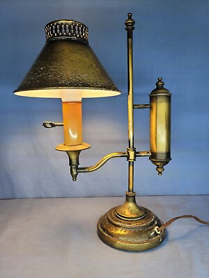 #ad Brass Tole Student Desk Lamp Underwriters Lab Portable Table Light Metal Shade $129.69